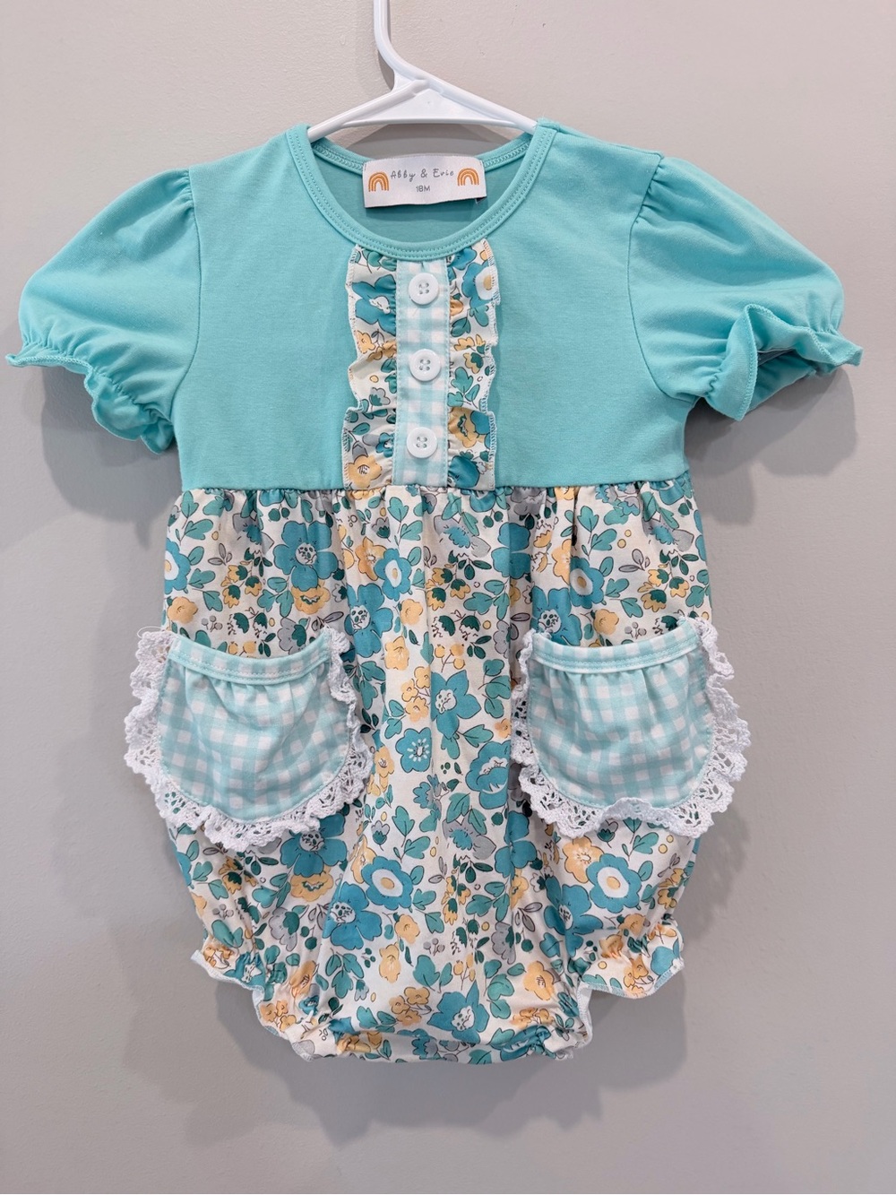 Abby & Evie Teal Floral Pocket Lace Baby One-Piece